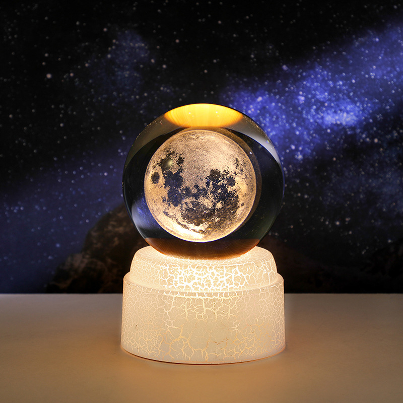 Cross-border 3D inlaid Milky Way, moon, starry sky crystal ball, night light, luminous rotating base, bedroom desktop decoration