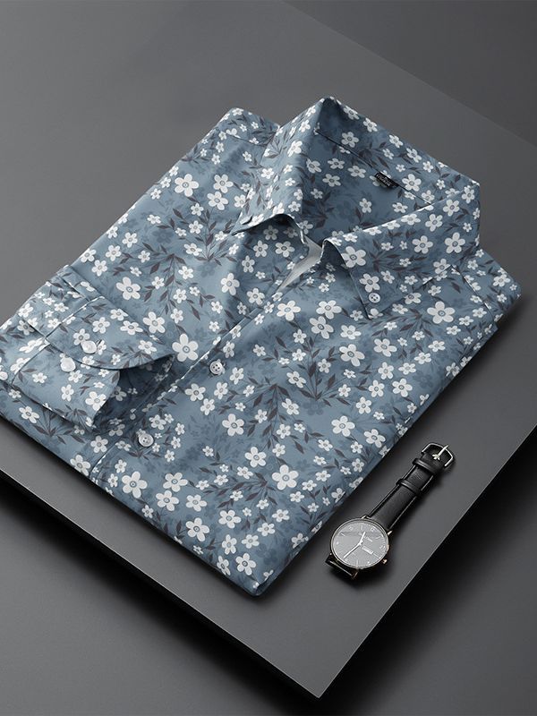 V-neck long-sleeved shirt for men, trendy, casual and fashionable, no-iron stand-up collar with small floral prints, cool and stylish, high-end floral shirt