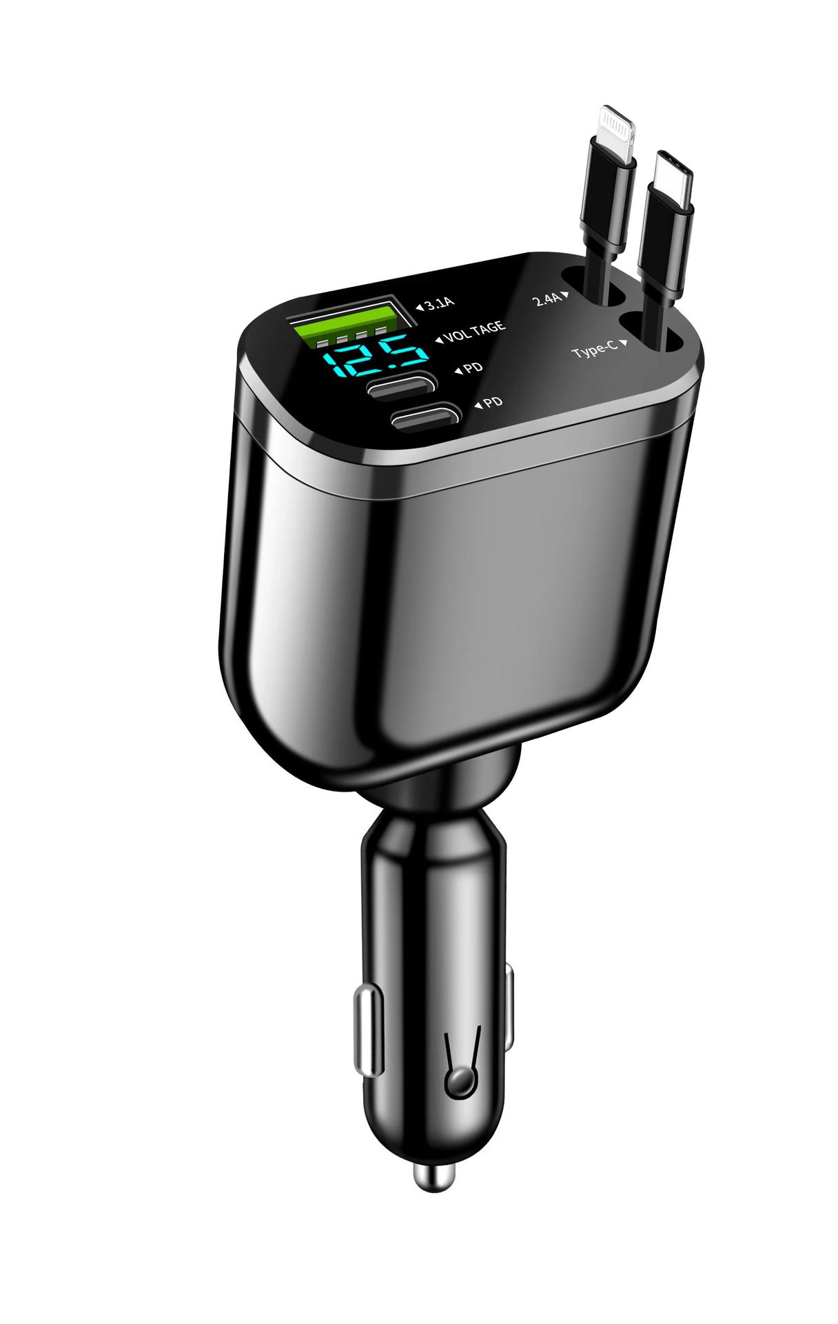 The digital display telescopic cable car charger supports PD30W fast charging and super fast charging. It is a three-in-one cigarette lighter for cross-border use