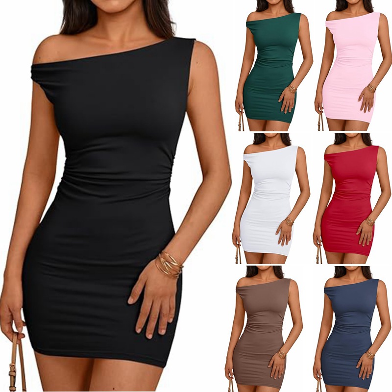 2026 European and American foreign trade cross-border women's clothing Amazon best-selling off-shoulder neckline ruched waist sleeveless bodycon dress