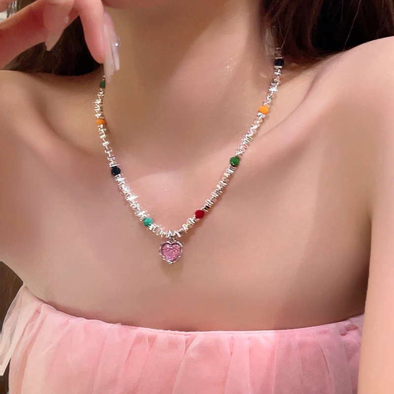 Women's Colorful Stone Heart Silver Necklace, Luxury and Niche Style, New for Early Summer 2023, Spicy and High-End Clavicle Chain/Necklace