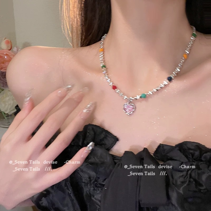 Summer-themed Rainbow Stone Heart Drop Glazed Necklace Set - Niche Design, Sweet and Cool Collarbone Chain