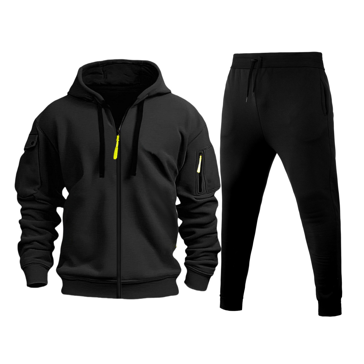 Cross-border bestseller men's autumn and winter new fleece multi-pocket zipper hoodie set, personalized casual hoodie set