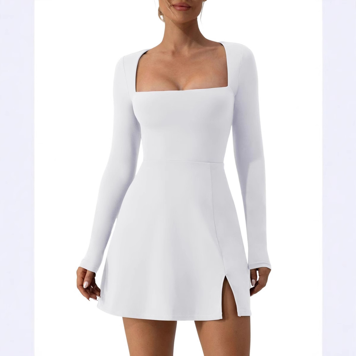 S32199 Amazon Hot Selling European and American Style Women's Square Neck Tight-Fitting Corset Long Sleeve Flared Mini Dress
