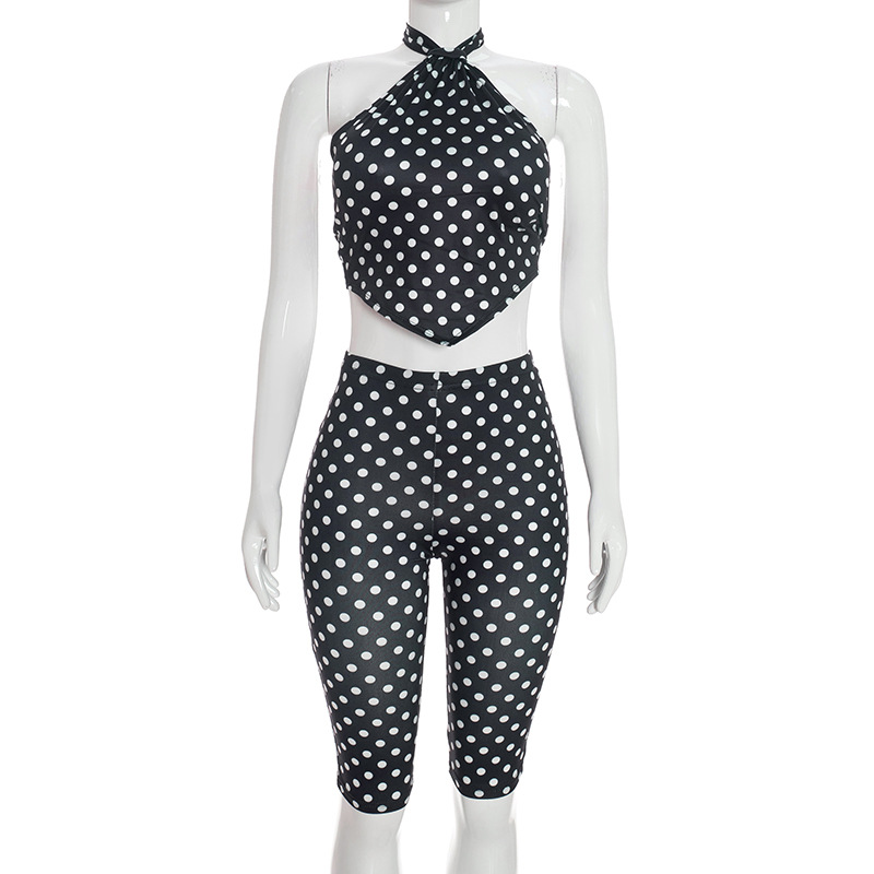 Q26ST092 Cross-border European and American style women's halter neck tie backless vest tight five-point pants polka dot print set