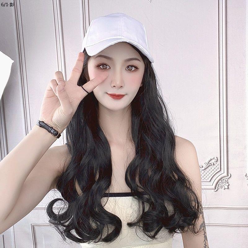 Women's long hair wig with hat, trendy and cute summer style, perfect for TikTok users.