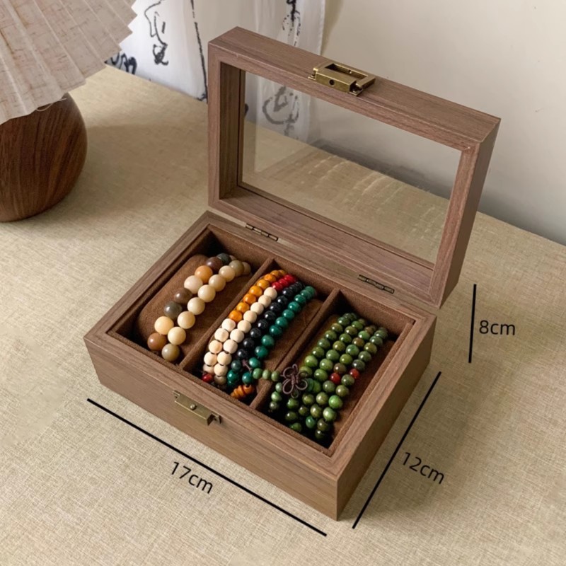 Vintage wood-grain leather storage box for collectible bracelets, crystal bracelets, jewelry boxes, bangle accessories, and Buddhist beads; transparent display box.