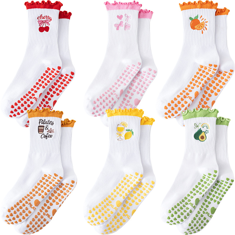 Cartoon yoga socks, women's white mid-calf socks, popular online, cherry blossom style, professional non-slip fitness Pilates exercise floor socks