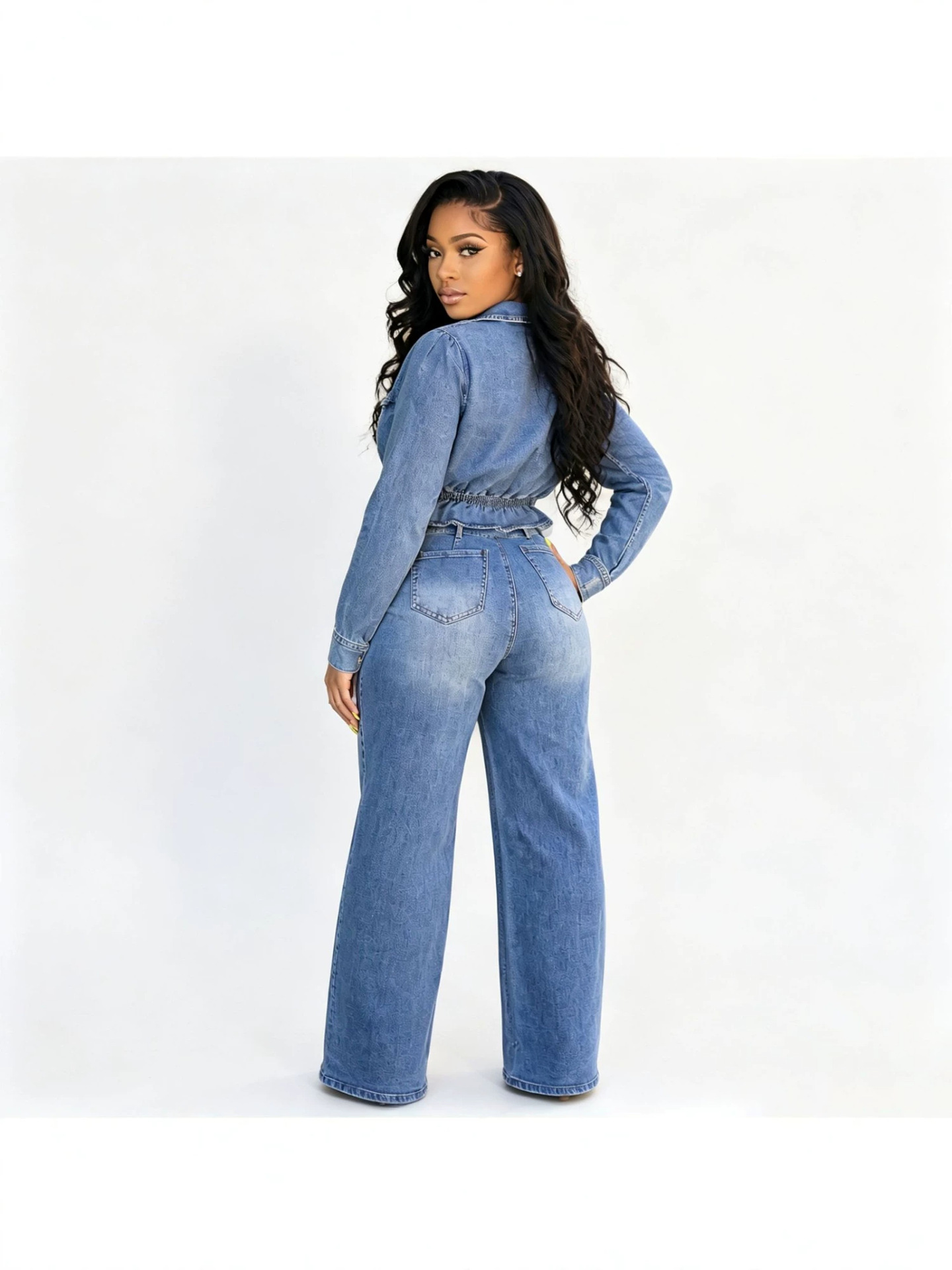 In-stock CM61023 Amazon European and American women's fashion, sexy, slightly elastic, multi-pocket washable denim casual set