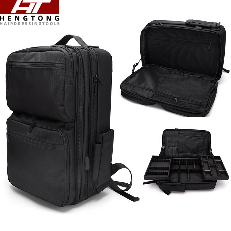Professional hairdressing travel backpack with adjustable dividers, sliding tray, and cosmetic storage.