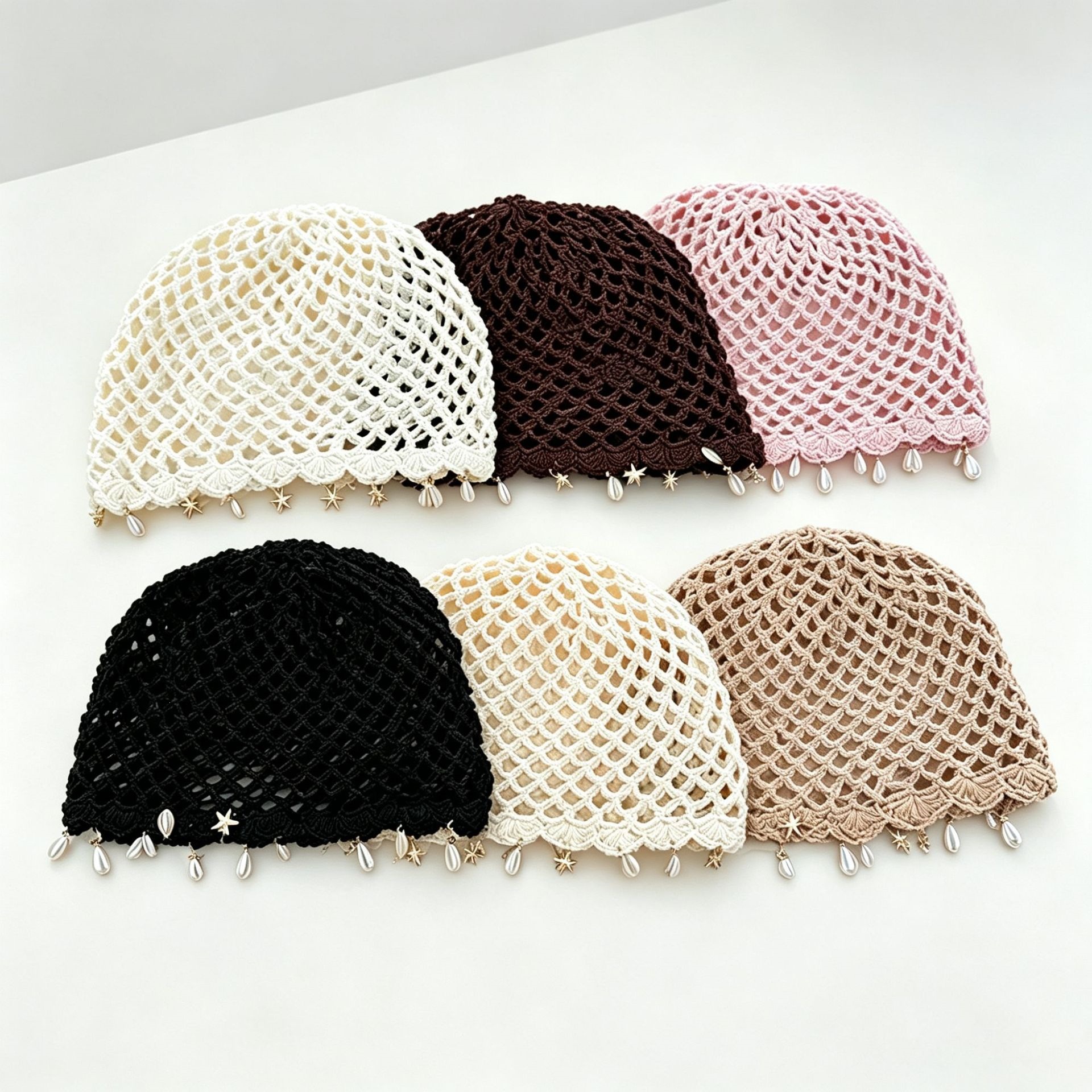 Cross-border style pearl tassel headscarf hat, women's hollowed-out Bohemian retro ethnic style woven pullover hat