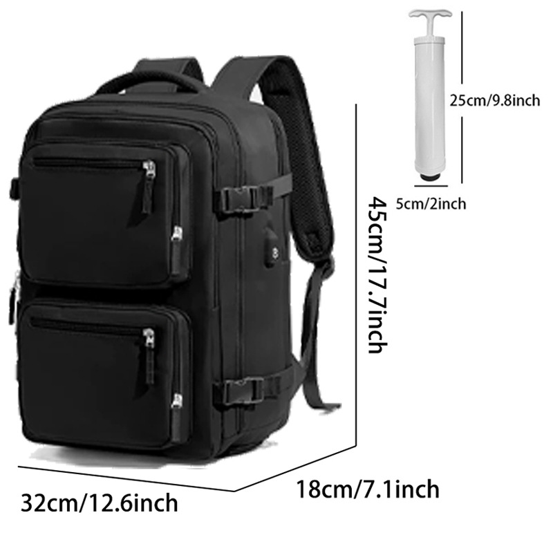 Unisex, large-capacity commuter bag with vacuum storage compartment, compressible for clothing, lightweight backpack for travel.