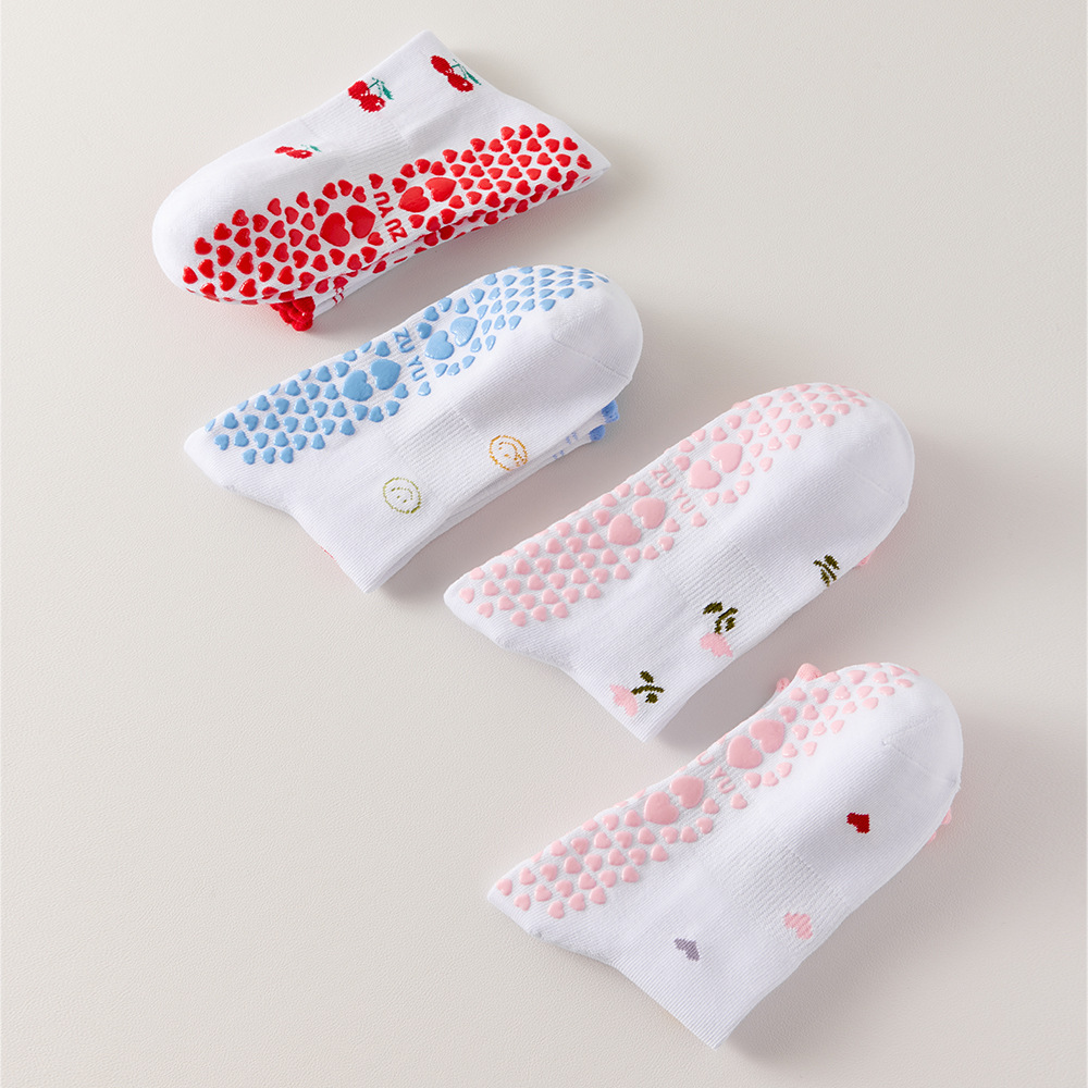 Women's yoga socks, mid-calf socks, covered in hearts, flowers, smiley faces, and cherries, professional sports silicone anti-slip Pilates socks.