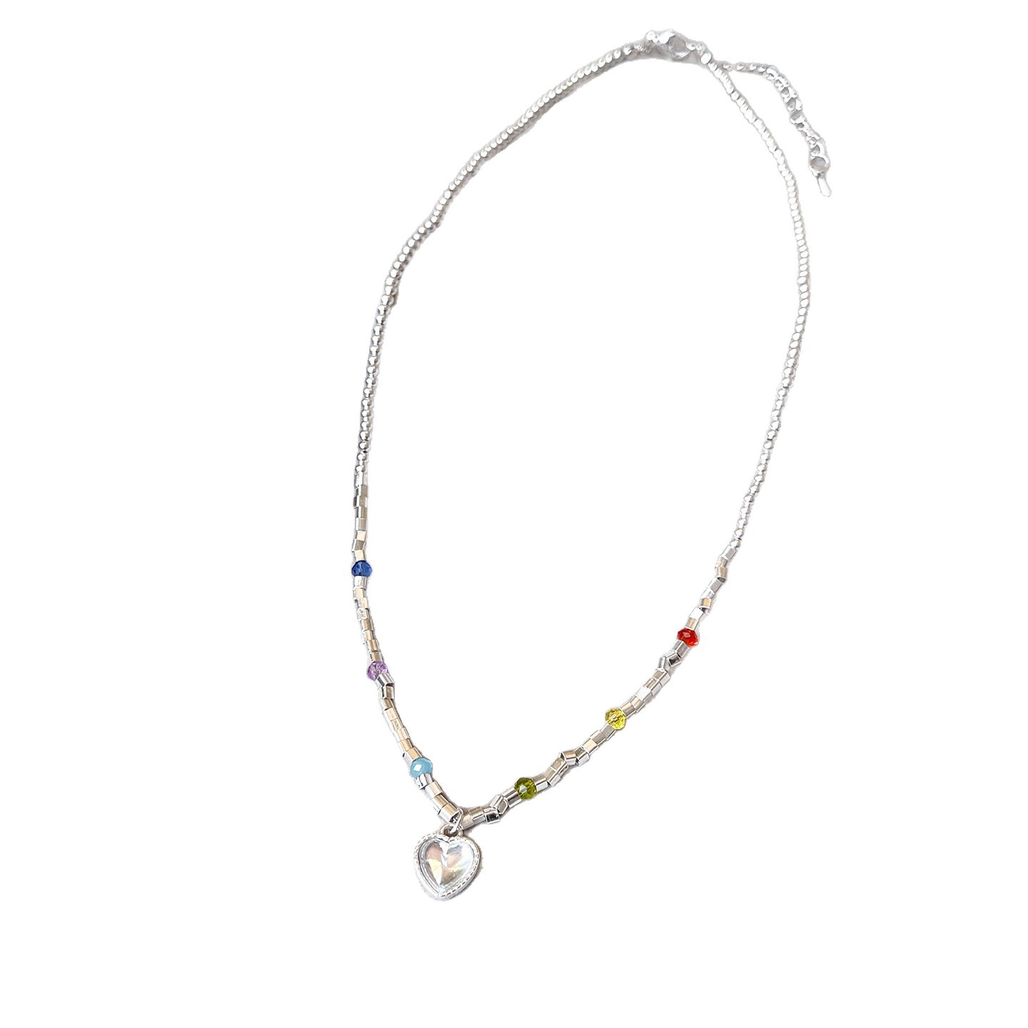 2026 New Colorful Beaded Silver Heart Pendant Necklace for Women, High-End Luxury Accessory