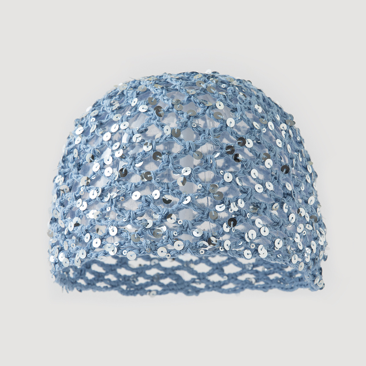 New adult hair cap with hollowed-out sequins, handmade, solid color cotton knit, stylish hair tie, and fishnet headband.