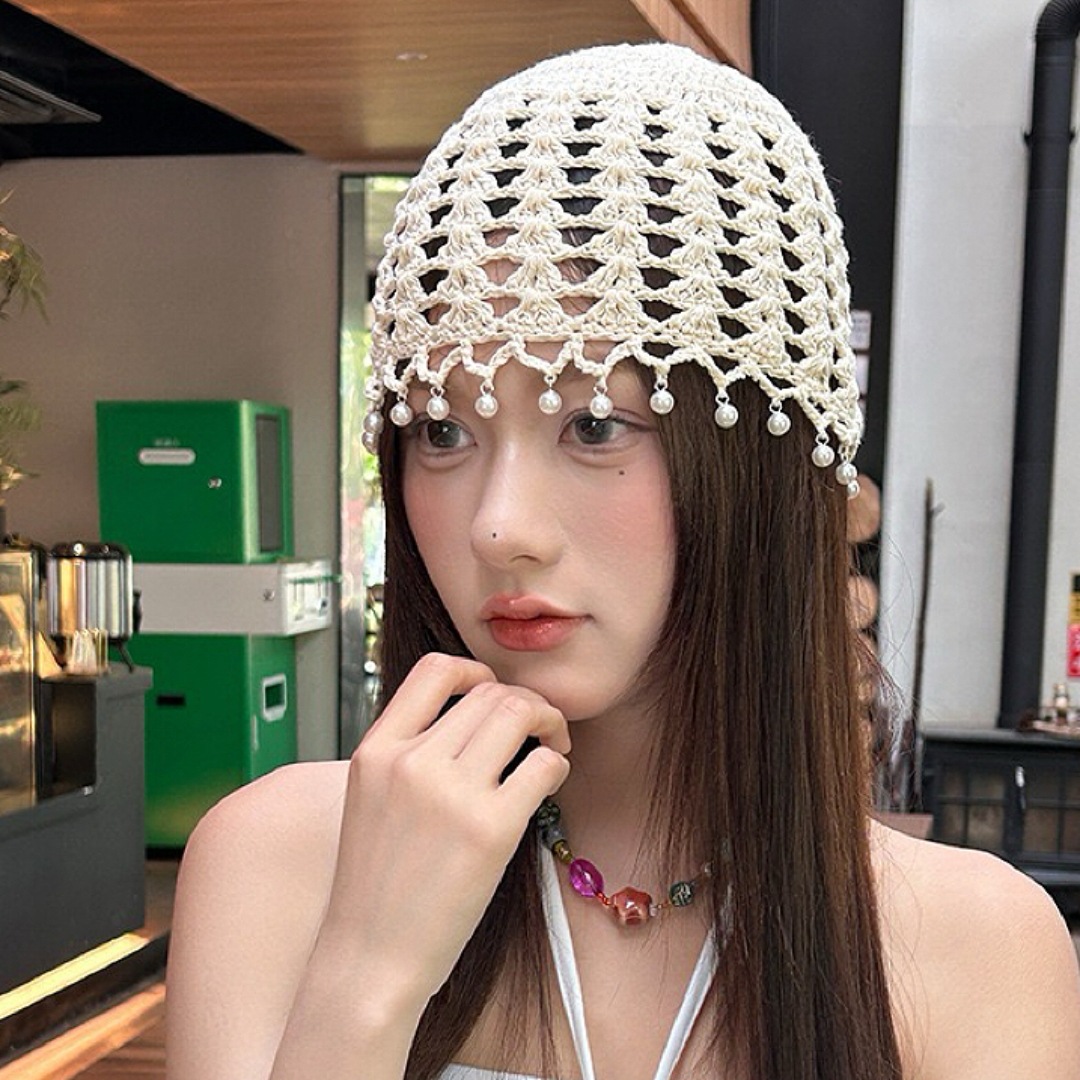 Handmade crocheted woolen headscarf hat for women, ethnic style, hollowed-out pearl pendant, knitted women's retro wide brim cover