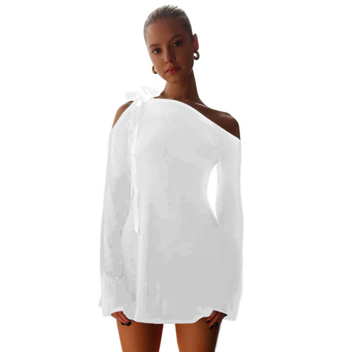 2025 Autumn New European and American Style Women's Dress - One-Shoulder Tie-Waist Long-Sleeved Ruffle Bodycon Dress
