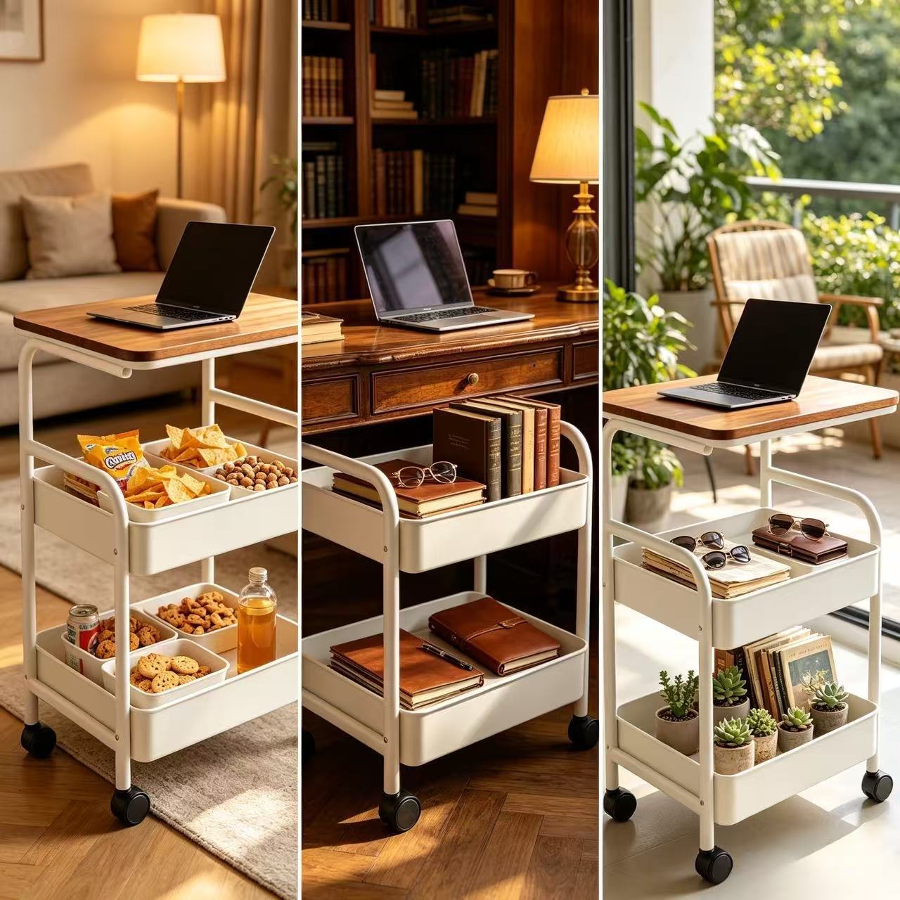 Movable double-layer coffee table trolley, vintage style storage rack, sofa side table, snack table, cross-border coffee table