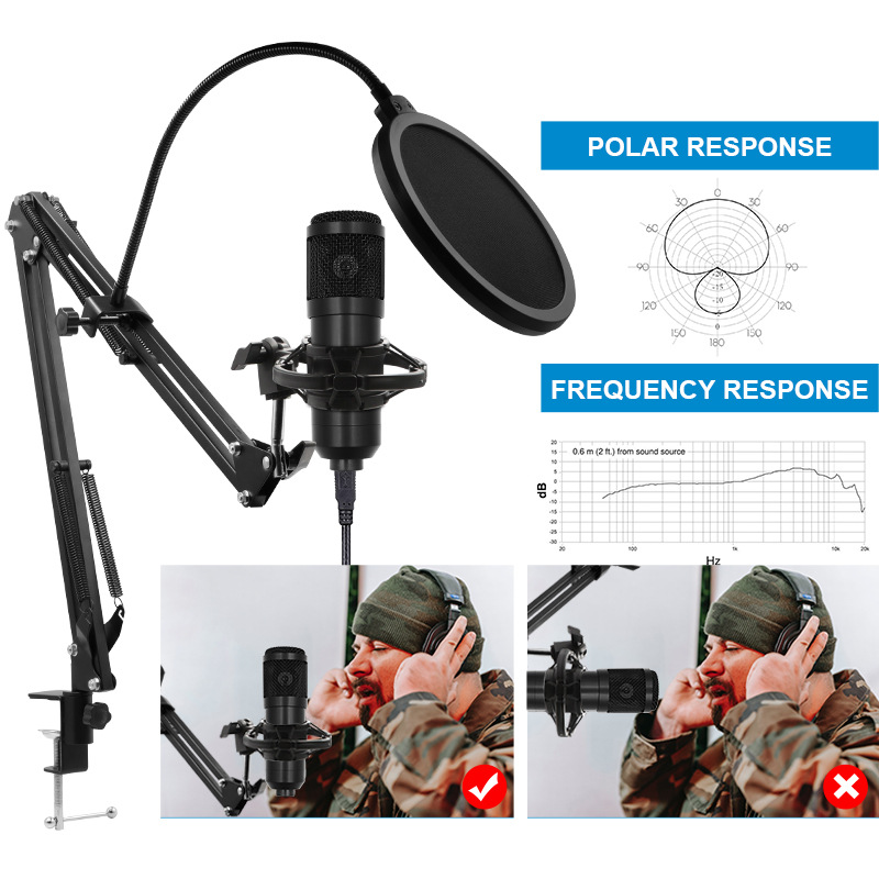 BM800 Condenser Microphone V8 Mobile Phone Sound Card Influencer Broadcaster Computer USB Cantilever Stand Live Streaming Kit
