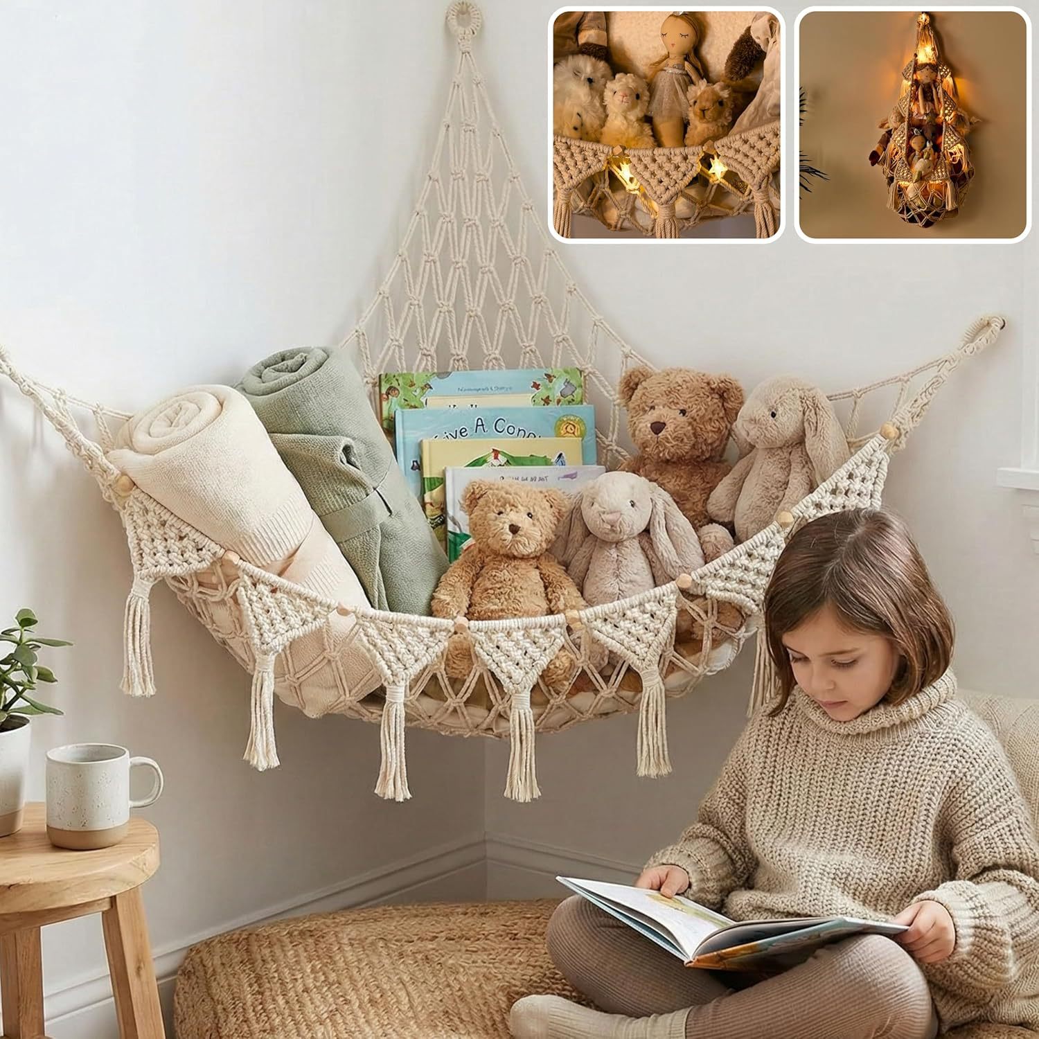 Hot-selling cross-border hand-woven doll storage net, hanging corner style, bohemian style doll storage rack