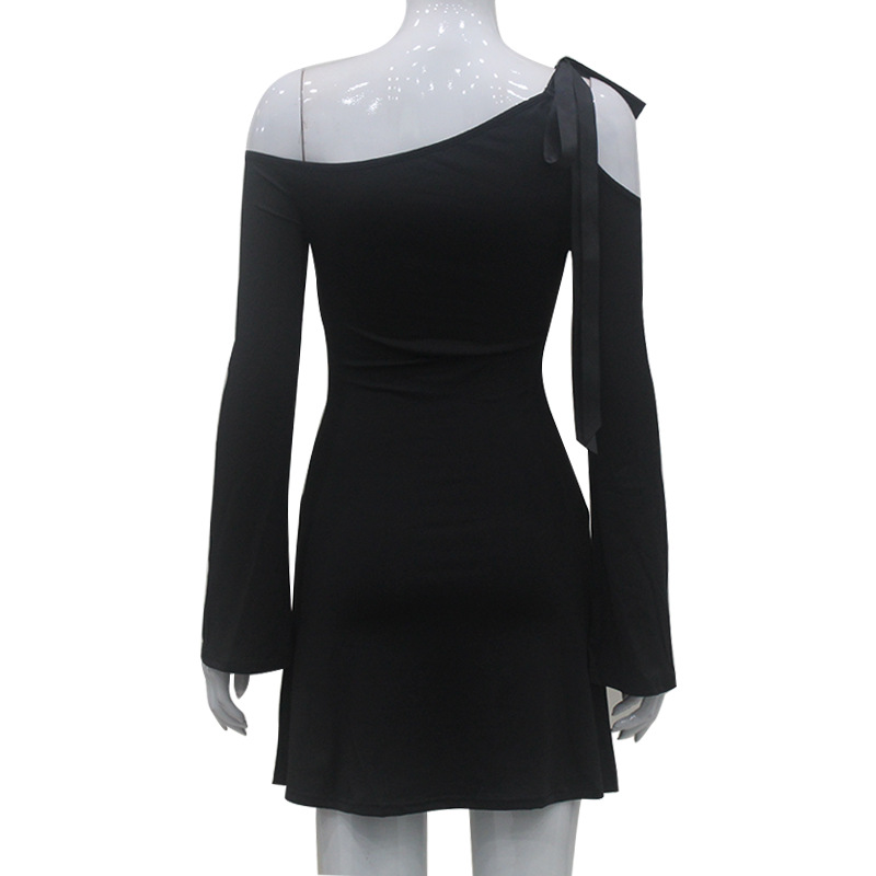 Cross-border European and American style women's off-shoulder strapless tie-up long-sleeved sexy dress, slim fit, solid color A-line skirt