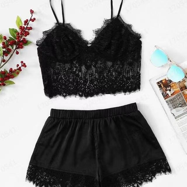 Ailu European and American sexy see-through lace camisole top + faux silk lace bow cool sexy shorts