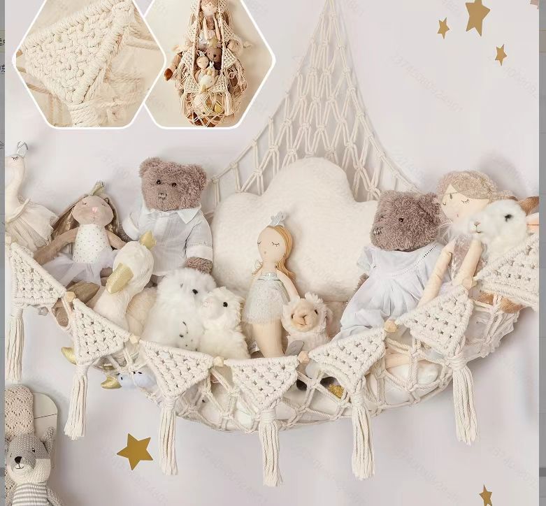 Triangle toy hammock, cross-border handmade woven cotton rope plush toy wall pocket, decorative tassel toy net bag