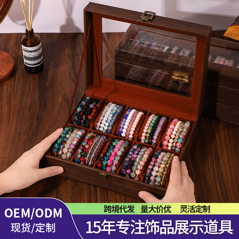 Vintage wood-grain leather storage box for collectible bracelets, crystal bracelets, jewelry boxes, bangle accessories, and Buddhist beads; transparent display box.