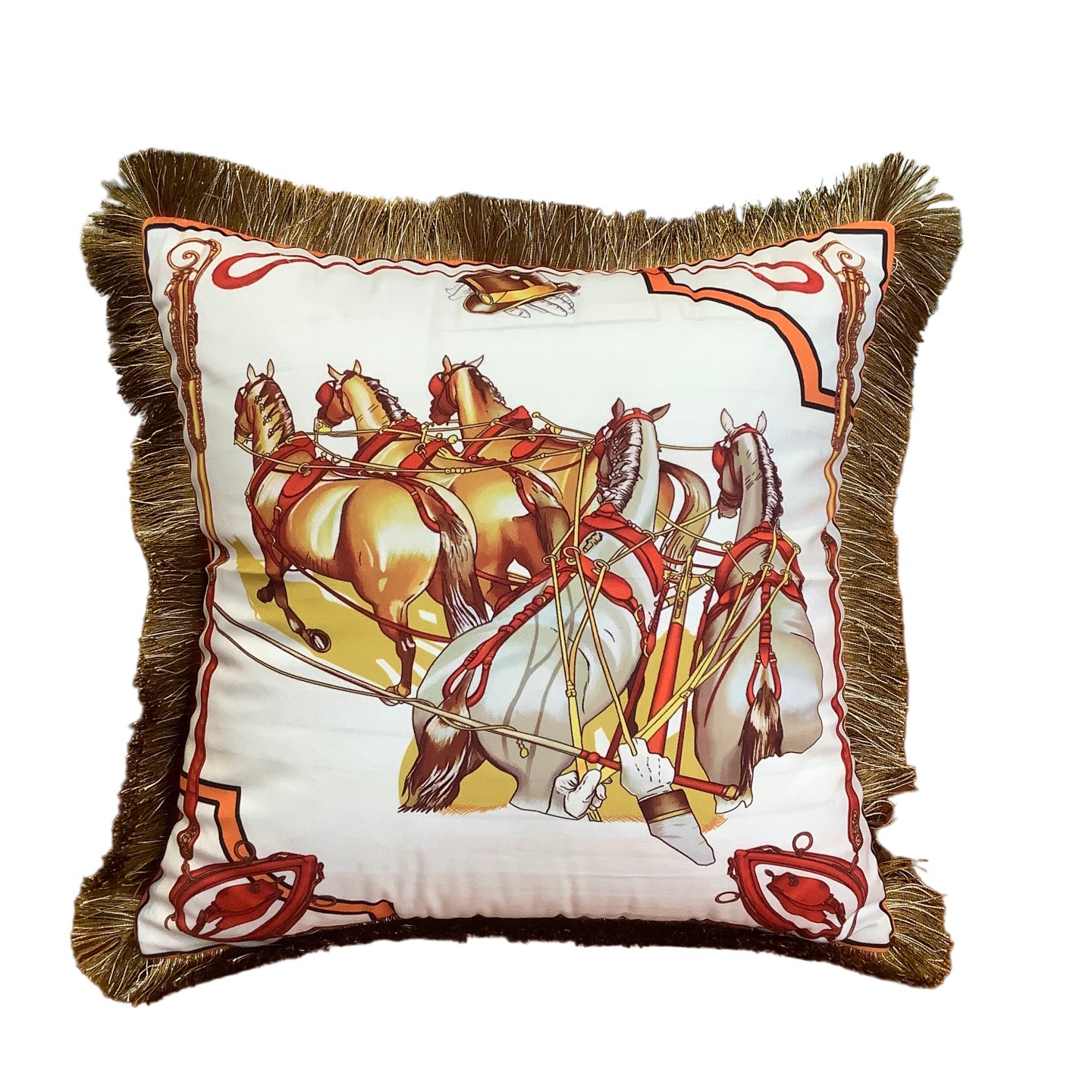 Cross-border light luxury double-sided printed cushion cover, European retro decorative crystal velvet tassel throw pillow with core, detachable and washable