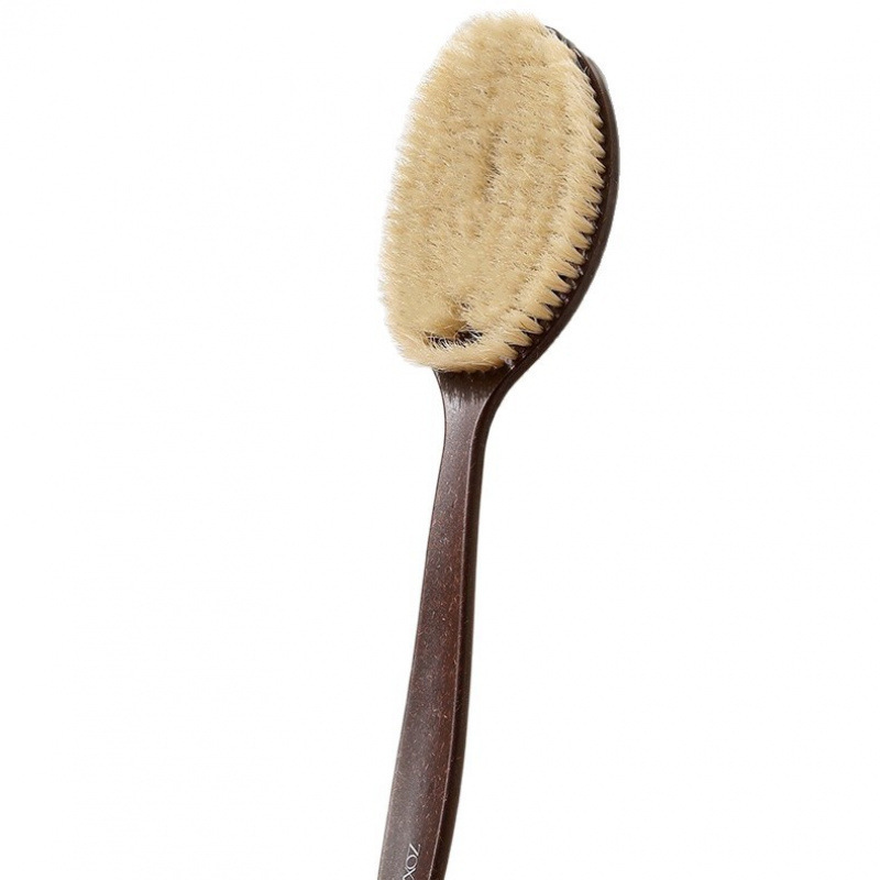 New coconut fiber and boar bristle bath brush, extended length, 2-in-1 dry and wet brush, palm-shaped curved handle for scrubbing.