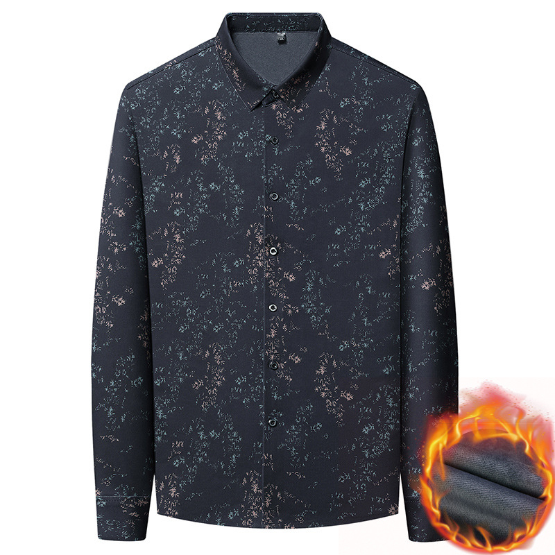 New middle-aged men's business casual long-sleeved seamless shirt for autumn and winter, simple lapel fashionable men's wear with fleece warmth