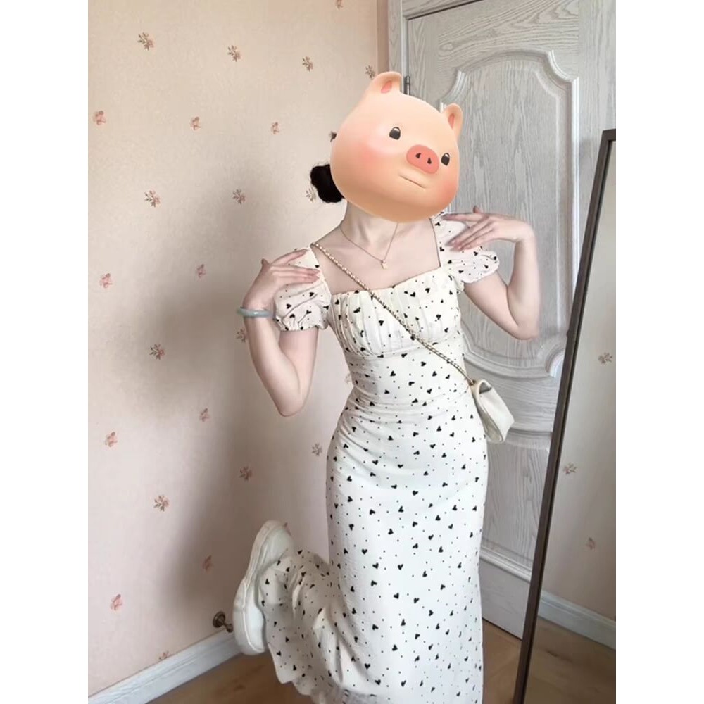 French-style square neckline puff sleeve dress, women's 2026 summer new style, gentle and elegant tea dress, waist-cinching and slimming long dress.