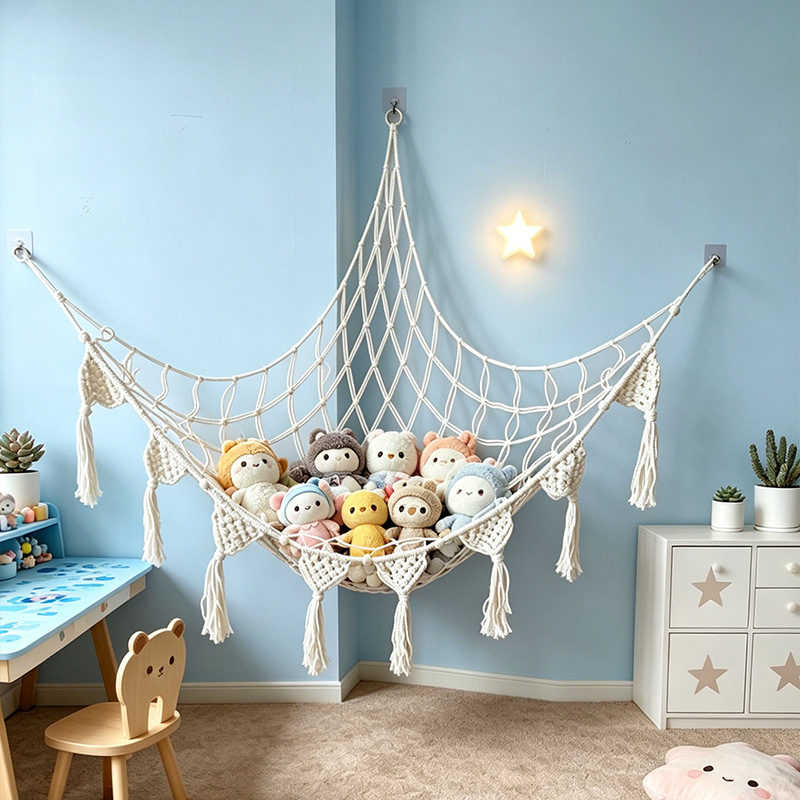 Triangular hanging doll storage hammock, cotton rope woven corner storage net bag, plush toy net bag, customizable.
