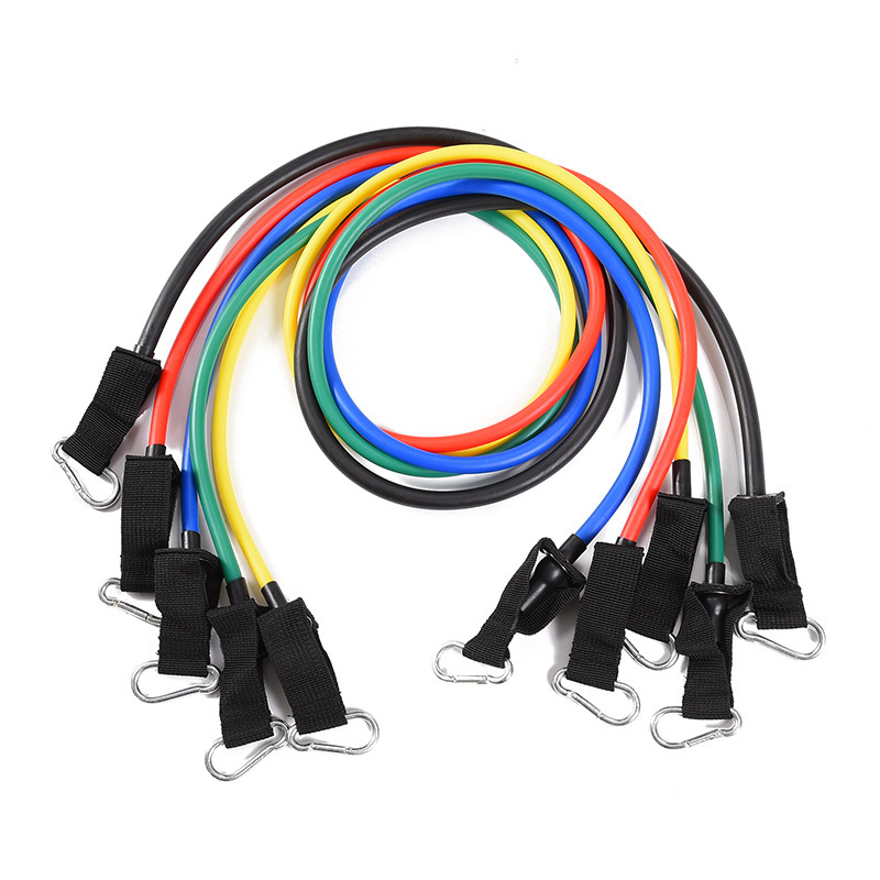 TPE 11-piece set with carabiners, resistance bands, and hooks for home fitness and stretching.