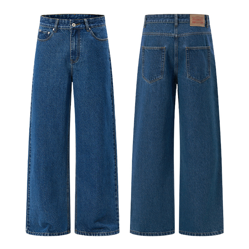 LKTM men's retro washed old money style dark blue jeans for men and women, cleanfit laid-back straight-leg pants