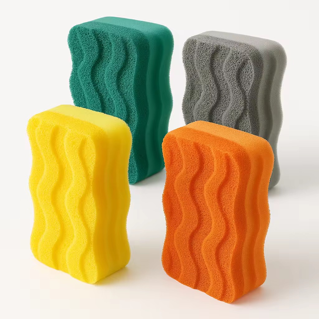 Three-layer polyurethane sponge coating for scouring pads, pot scrubbers, kitchen cleaning cloths, dishwashing sponges, absorbent sponges, and stain removers.