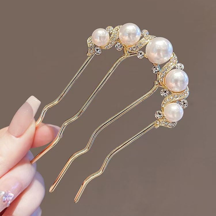 U-shaped gold pearl rhinestone wavy hair comb, elegant four-tooth bun, new Chinese style updo hairpin.