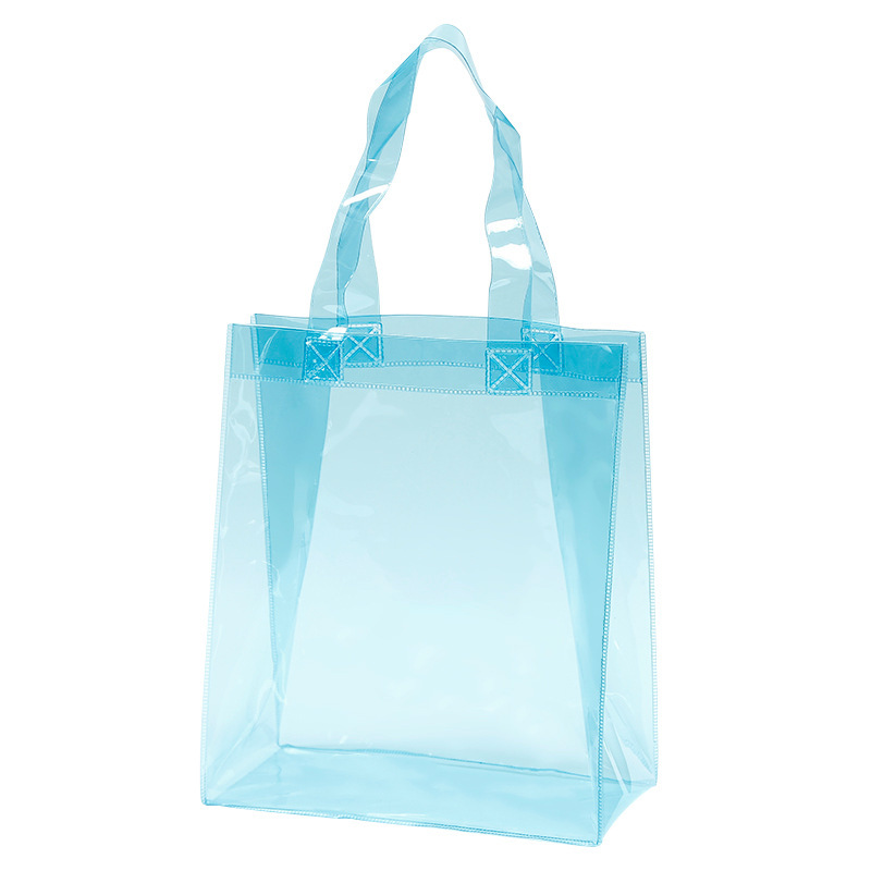 PVC transparent tote bag with snap handles, suitable for clothing shopping, wedding favors, souvenirs, and gift bags; portable.