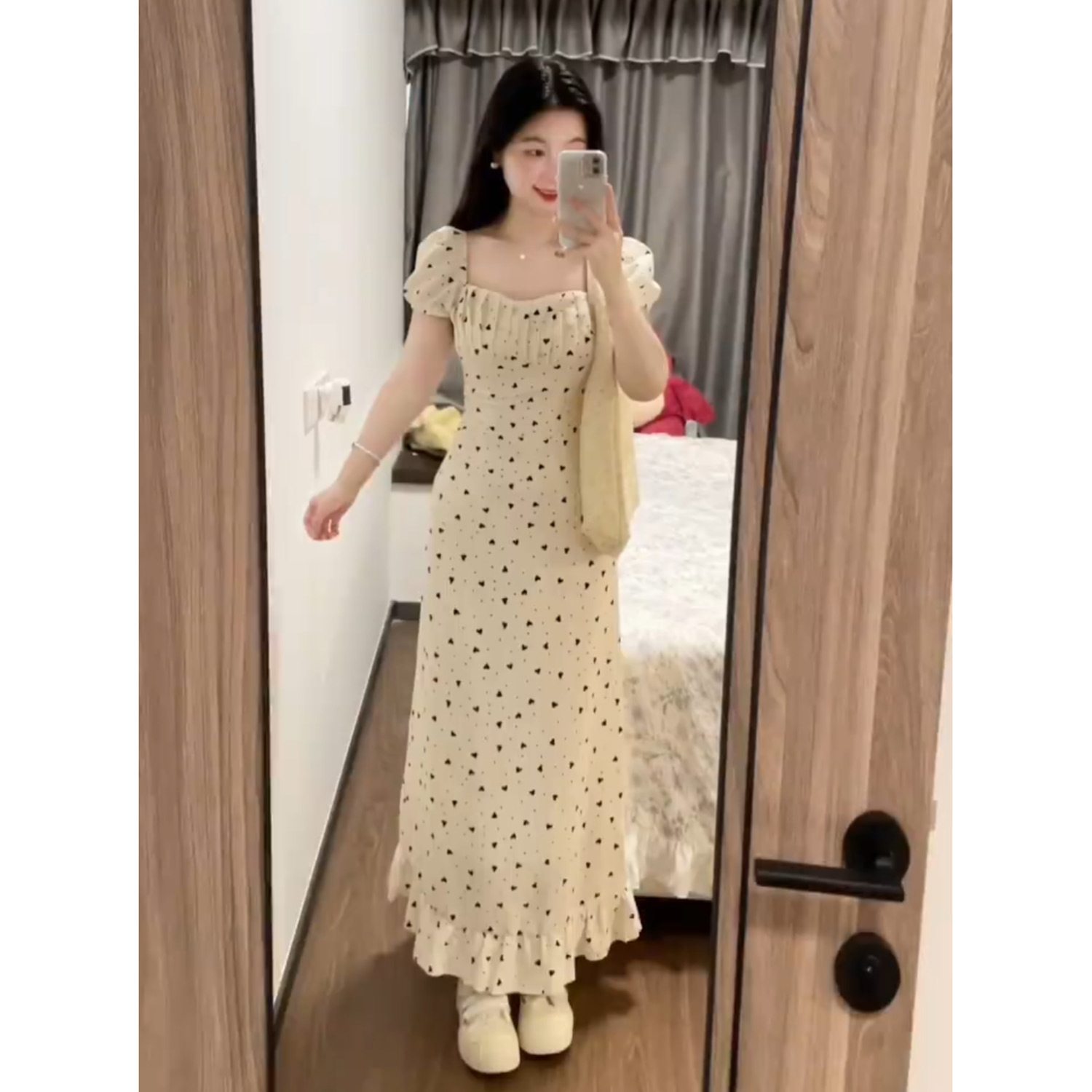 French-style, slim-fitting, white floral print sundress with heart design – super pretty and unique long dress perfect for spring.