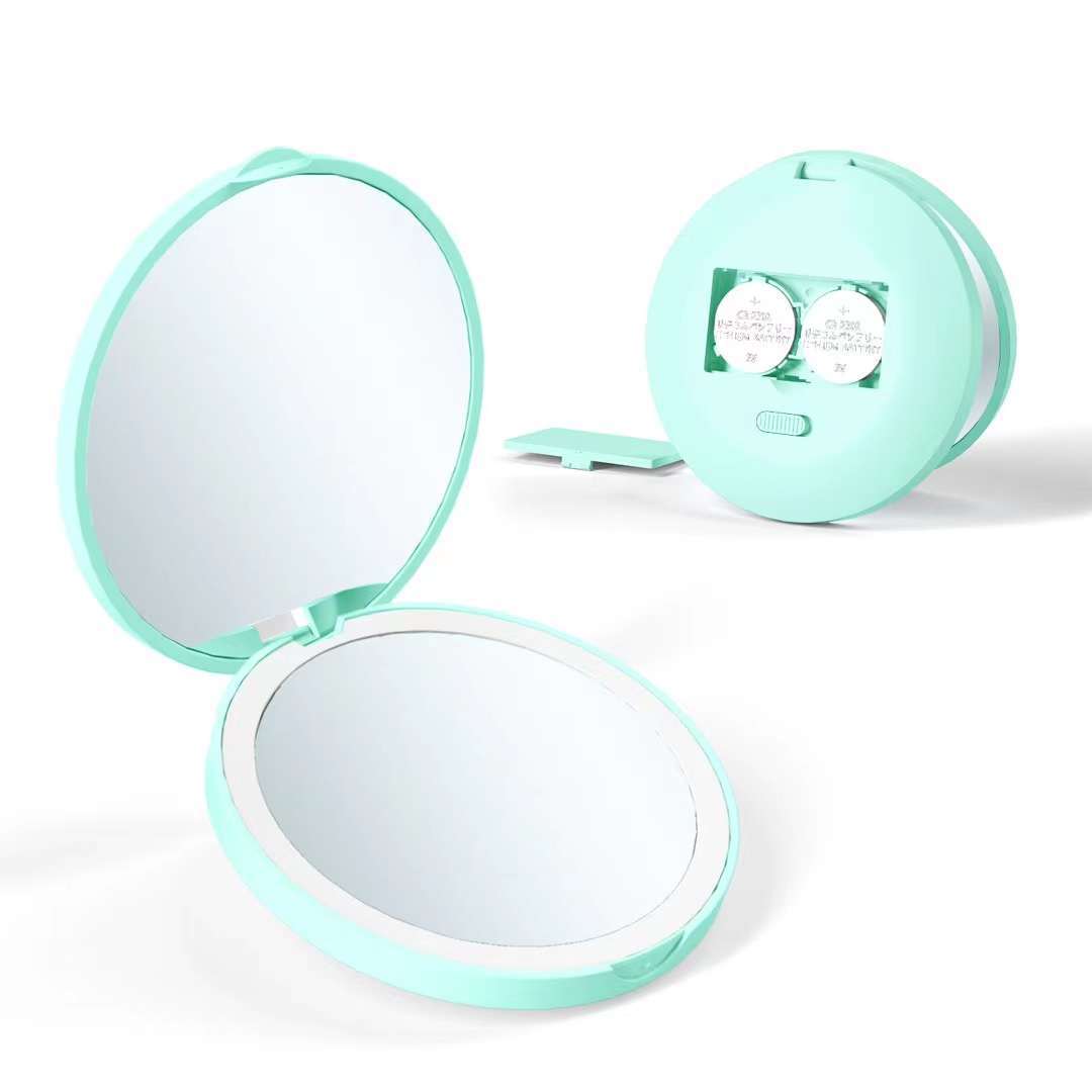 Portable LED makeup mirror with monochrome light, mini handheld pocket gift mirror, battery-operated, easy to carry.