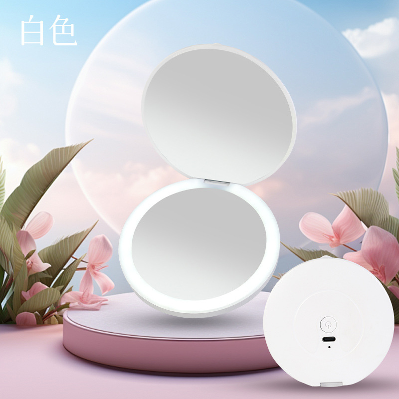 New mini portable LED illuminated makeup mirror, round, stackable, with lights, and logo printing available.