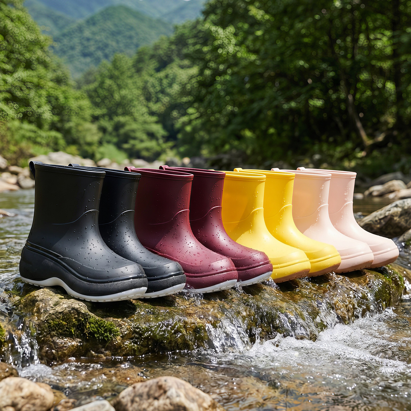 Women's dopamine rain boots, European style, wine red, extra thick sole, mid-length, waterproof, non-slip rain boots, riverside women's rubber shoes