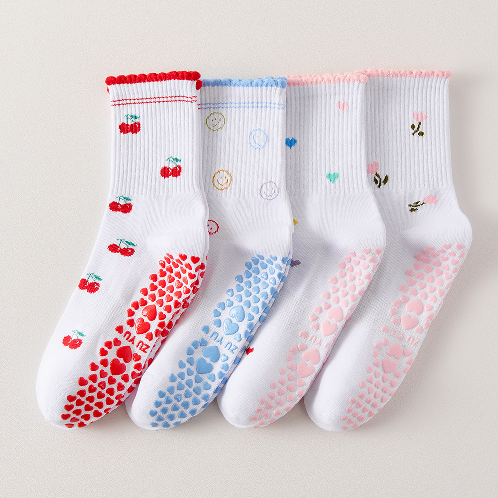 Women's yoga socks, mid-calf socks, covered in hearts, flowers, smiley faces, and cherries, professional sports silicone anti-slip Pilates socks.