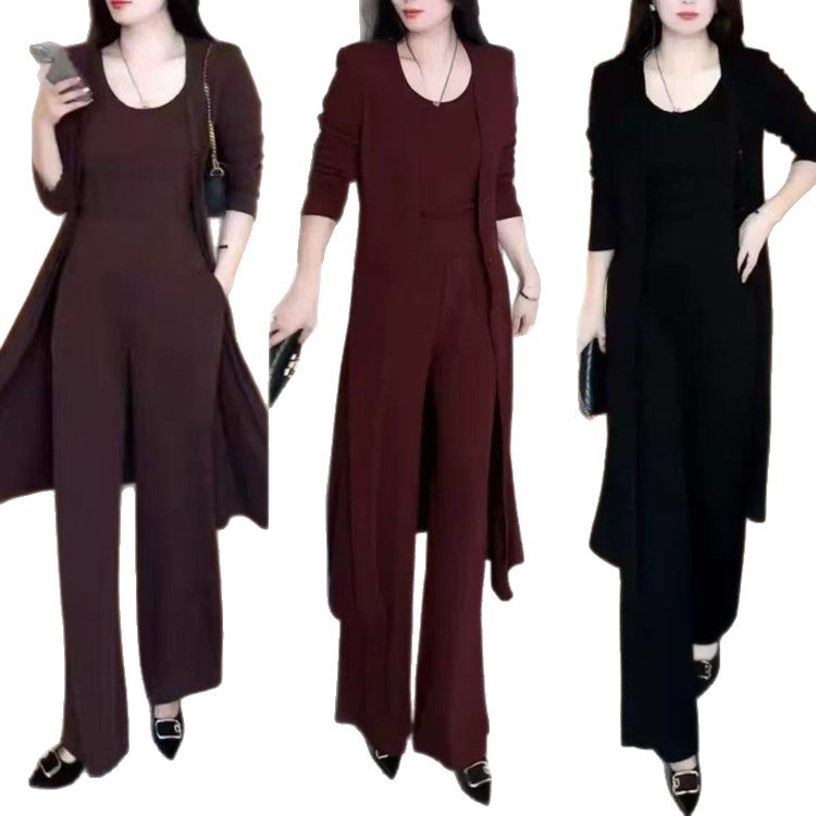 Mid-length cardigan jacket as a base for mom's outfit 2026 Autumn new stylish, slimming and concealing straight-leg pants three-piece set
