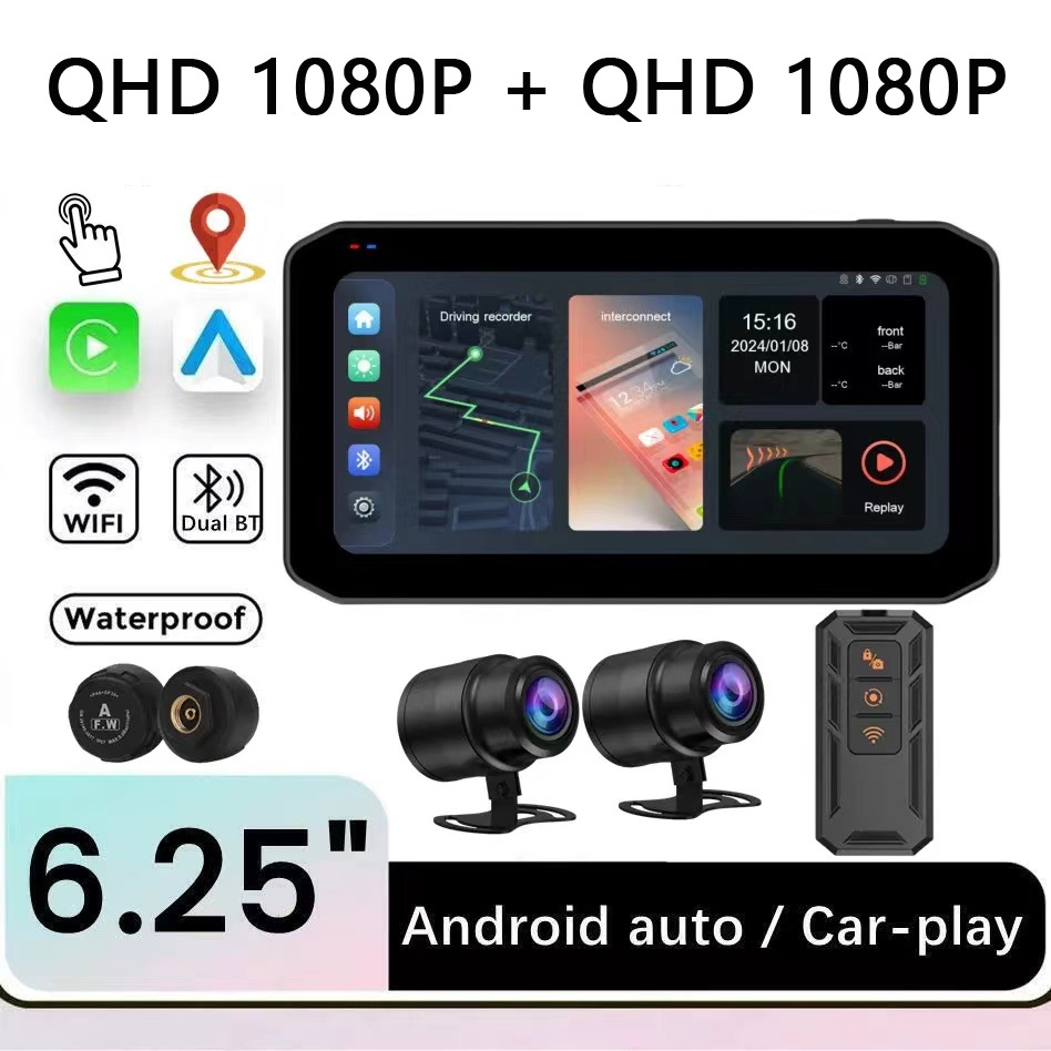 Cross-border HD wireless CarPlay car and motorcycle dashcam, GPS navigation, tire pressure monitoring all-in-one device