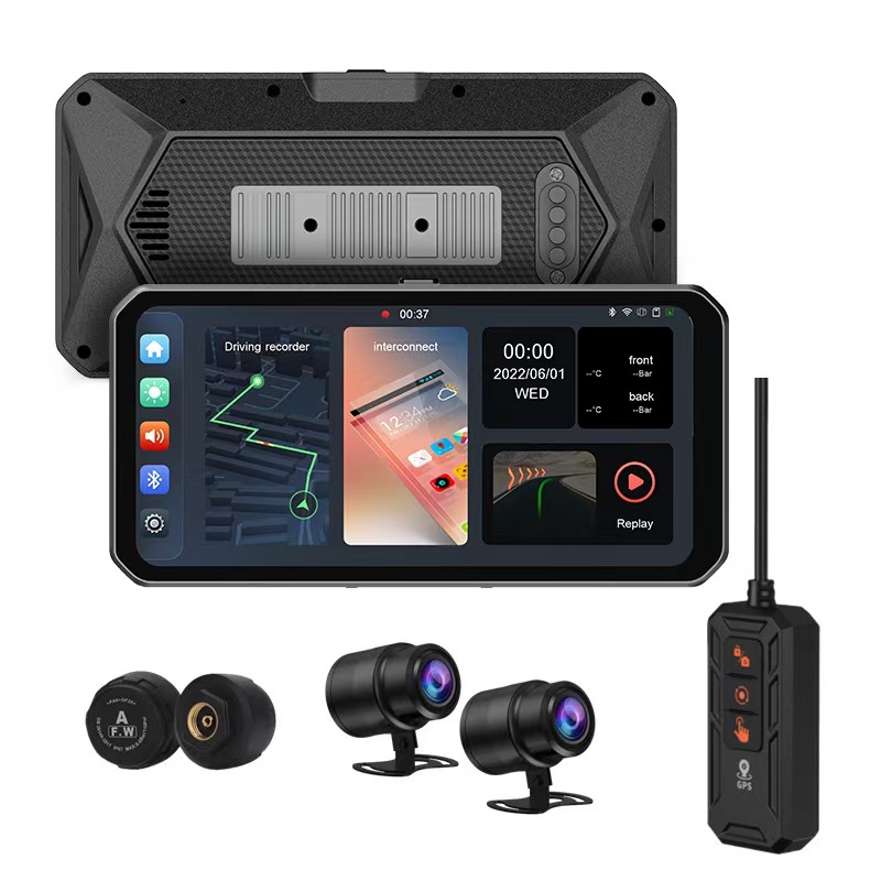Cross-border motorcycle dashcam, 2K high-definition wireless CarPlay, car infotainment, GPS navigation, tire pressure monitoring all-in-one device.