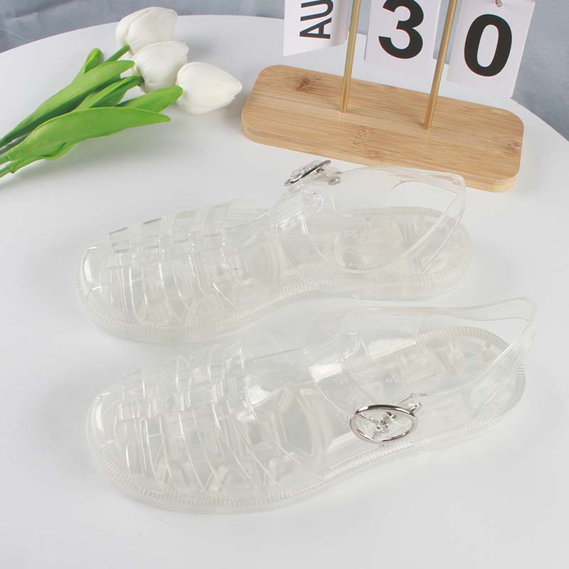 Women's transparent crystal jelly sandals, summer wear, soft sole, non-slip, one-strap, flat, hollowed-out Roman sandals, beach shoes
