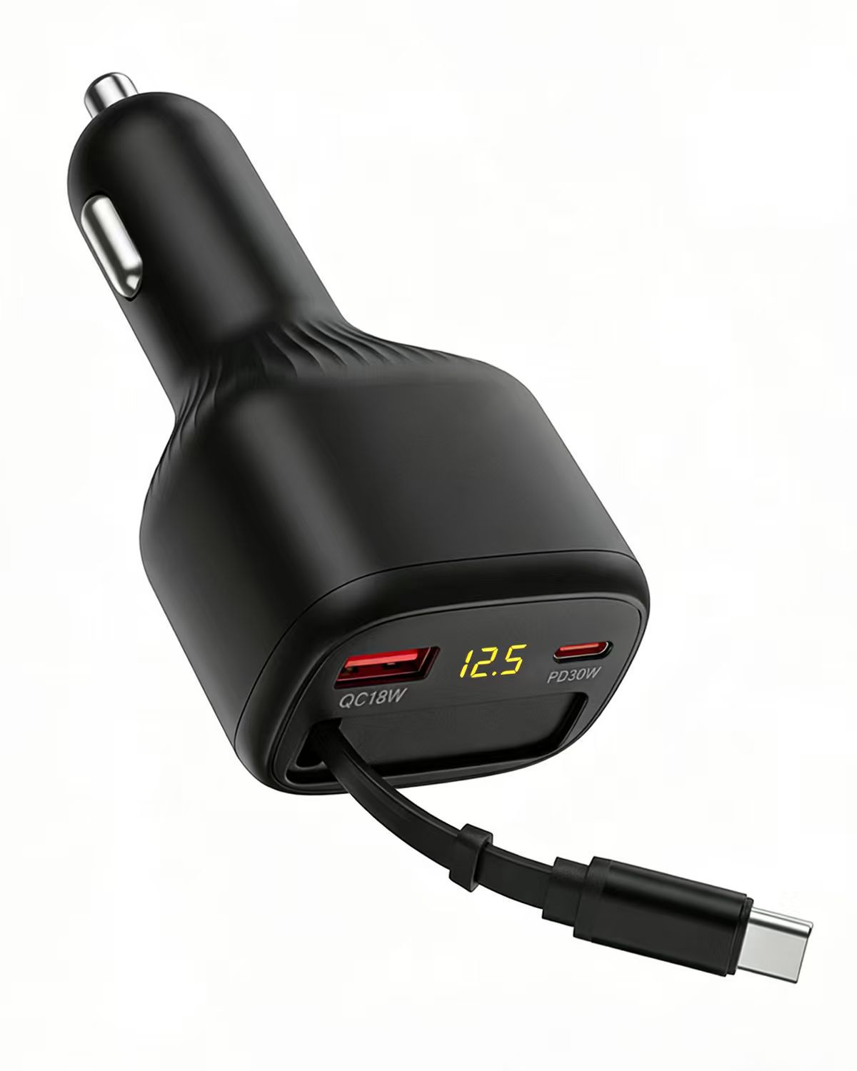 Car mobile phone charger, Type-C port extendable cable, digital display car charger, three-port independent fast charging car cigarette lighter