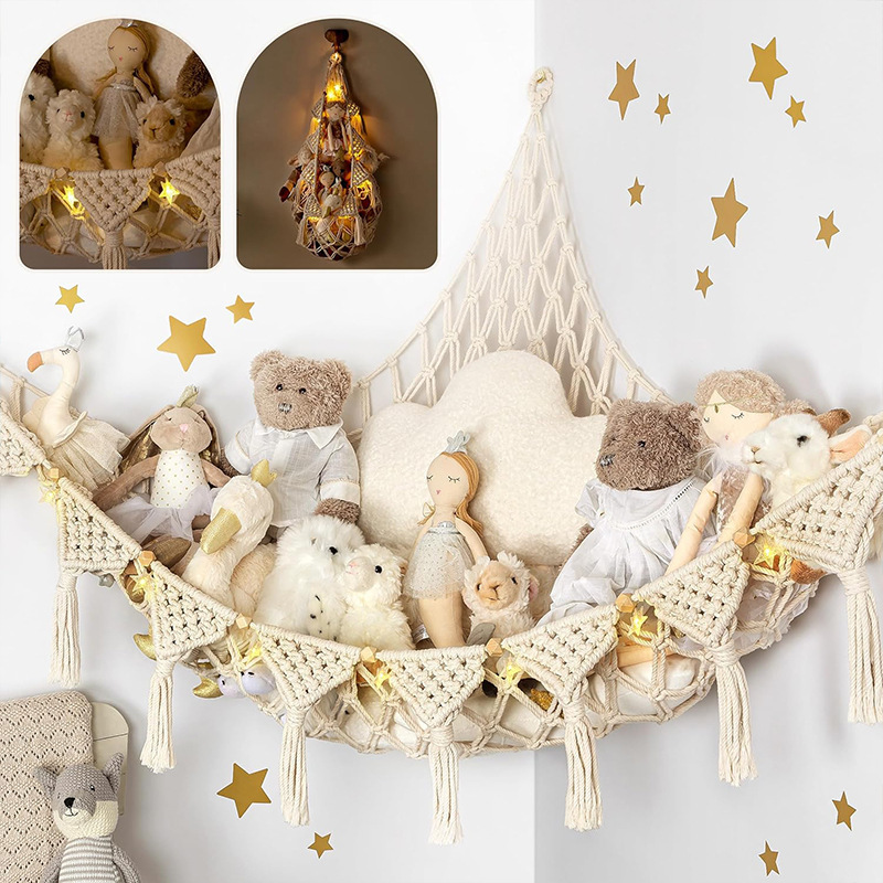 Cross-border triangular toy mesh bag, children's toy storage mesh bag, handmade cotton rope woven colorful tassel wall corner hanging net