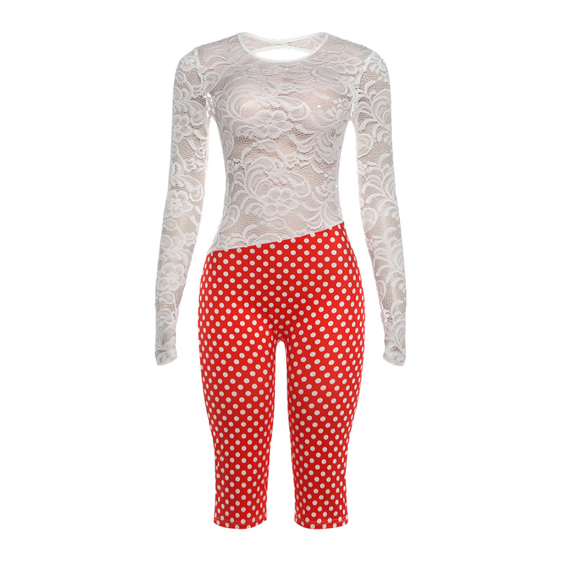 European and American style 2026 autumn new foreign trade fashion polka dot print lace patchwork tight slim backless jumpsuit